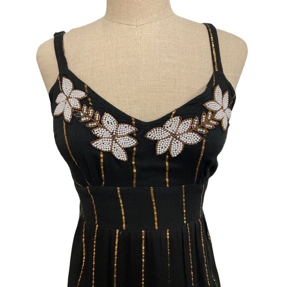 Ananta Black & Gold Striped Midi Dress With Floral Embellishments S/M - Picture 3 of 11